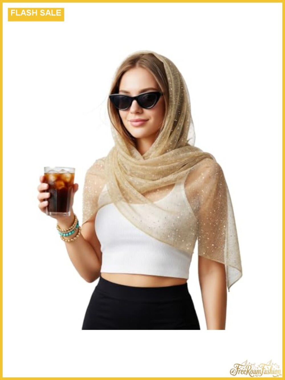 Gold Sequin Sheer Mesh Shawl Wrap Scarf Sparkly Evening Cover-Up